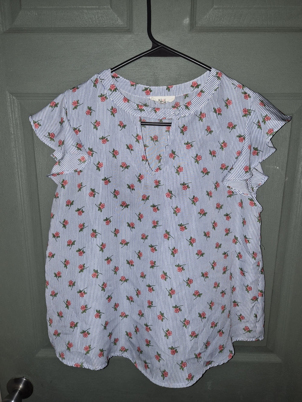 MINE Floral Stripe Ruffle Sleeve Women’s Top - White with Pink Roses